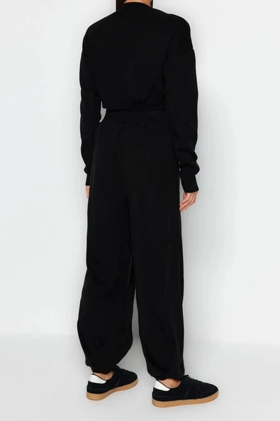 Moda Triko Yarım Balıkçı Yaka Casual Günlük Siyah Süper Crop Jogger Pantolonlu Triko Alt-Üst Takım - 5
