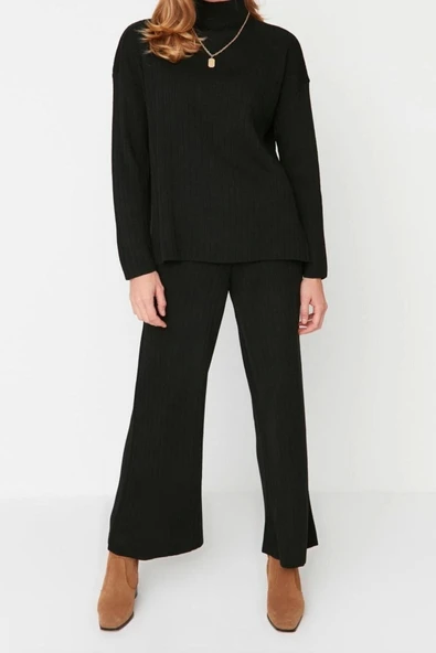 Moda Yüksek Bel Dik Yaka Düşük Kol Günlük Siyah Geniş Kalıp Basic Pantalonlu Triko Alt-Üst Takım