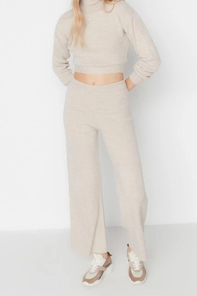Moda Triko Düz Balıkçı Yaka Casual Günlük Crop Basic Balıkçı Yaka Triko Alt-Üst Takım