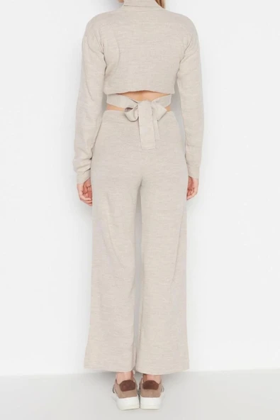 Moda Triko Düz Balıkçı Yaka Casual Günlük Crop Basic Balıkçı Yaka Triko Alt-Üst Takım - 5