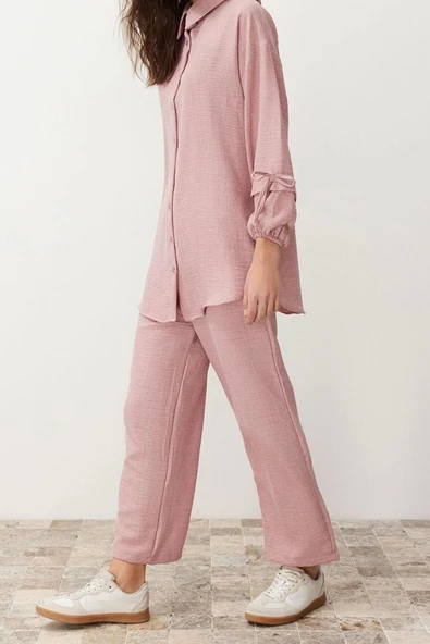 Moda Dokuma Düz Düşük Kol Casual Günlük Pudra Keten Görünümlü Dokuma Alt-Üst Takım - 3