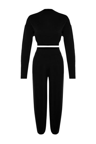Moda Triko Yarım Balıkçı Yaka Casual Günlük Siyah Süper Crop Jogger Pantolonlu Triko Alt-Üst Takım - 6