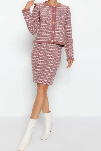 Moda Triko Dokulu Bisiklet Yaka Resmi Örgü Detaylo Hırka-Etek Triko Alt-Üst Takım - 2