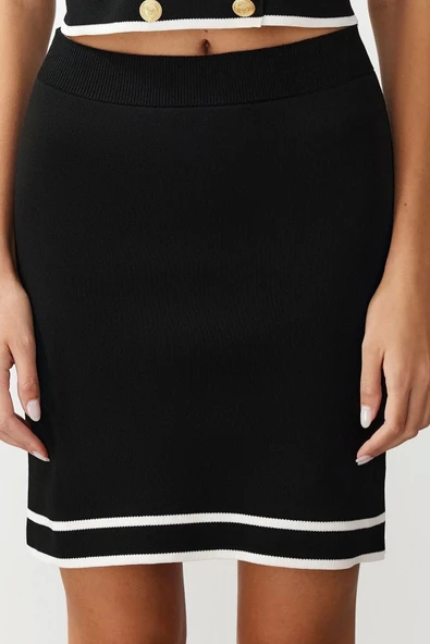 Moda Triko Renk Bloklu Polo Yaka Casual Günlük Siyah Ceket Etek Triko Alt-Üst Takım - 5