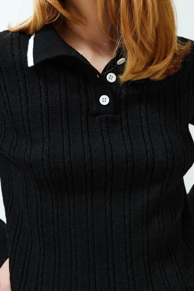 Moda Triko Düz Polo Yaka Casual Günlük Siyah Kazak Etek Triko Alt-Üst Takım - 4