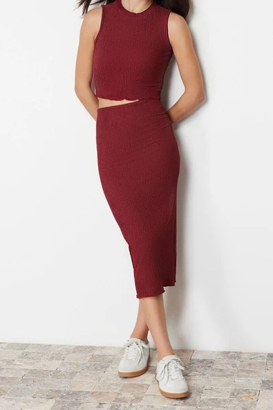 Moda Örme Düz Bisiklet Yaka Casual Günlük Tarçın Dokulu Kumaş Esnek Örme Alt-Üst Takım - 3