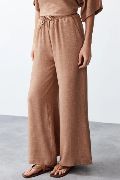 Moda Dokuma Dokulu V Yaka Casual Günlük V Yaka Bluz Pantolon Dokuma Alt-Üst Takım - 5