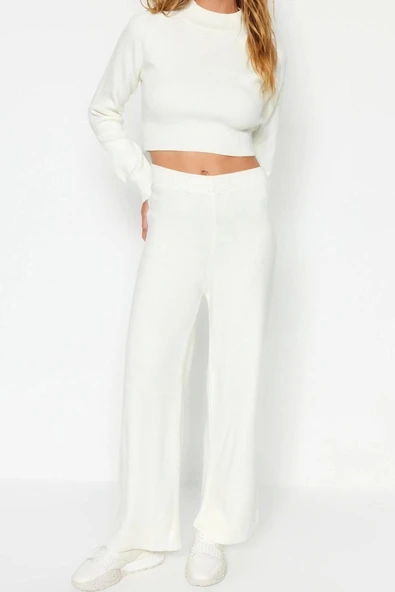 Moda Düz Bisiklet Yaka Reglan Kol Casual Günlük Ekru Crop Basic Triko Alt-Üst Takım - 2