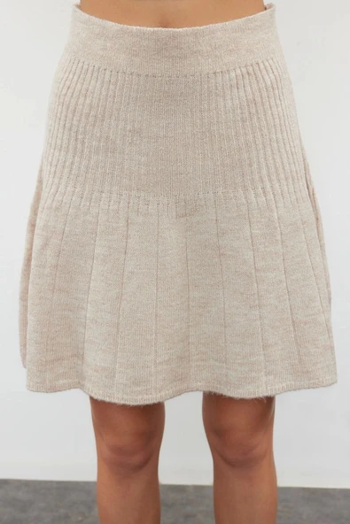 Moda Triko Düz Balıkçı Yaka Casual Günlük Taş Crop Yumuşak Dokulu Pileli Etekli Triko Alt-Üst Takım - 4