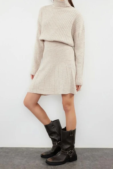 Moda Triko Düz Balıkçı Yaka Casual Günlük Taş Crop Yumuşak Dokulu Pileli Etekli Triko Alt-Üst Takım - 3