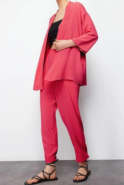 Moda Düz Hakim Yaka Düşük Kol Casual Günlük Fuşya Dokuma Kimono Pantolon Alt-Üst Takım - 3