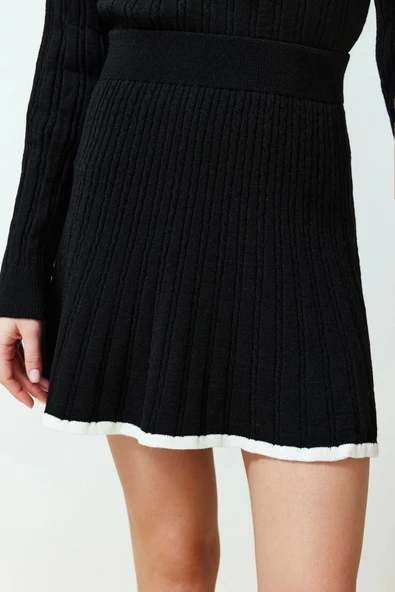 Moda Triko Düz Polo Yaka Casual Günlük Siyah Kazak Etek Triko Alt-Üst Takım - 5