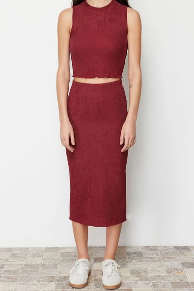 Moda Örme Düz Bisiklet Yaka Casual Günlük Tarçın Dokulu Kumaş Esnek Örme Alt-Üst Takım