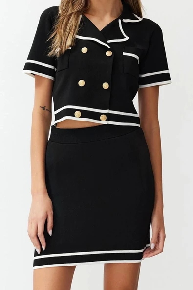 Moda Triko Renk Bloklu Polo Yaka Casual Günlük Siyah Ceket Etek Triko Alt-Üst Takım