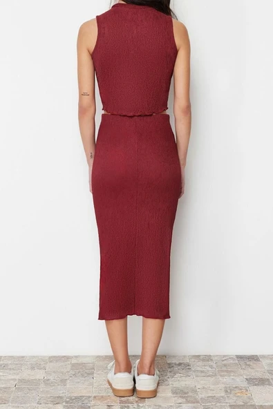 Moda Örme Düz Bisiklet Yaka Casual Günlük Tarçın Dokulu Kumaş Esnek Örme Alt-Üst Takım - 6