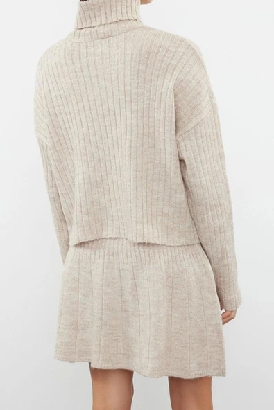 Moda Triko Düz Balıkçı Yaka Casual Günlük Taş Crop Yumuşak Dokulu Pileli Etekli Triko Alt-Üst Takım - 5
