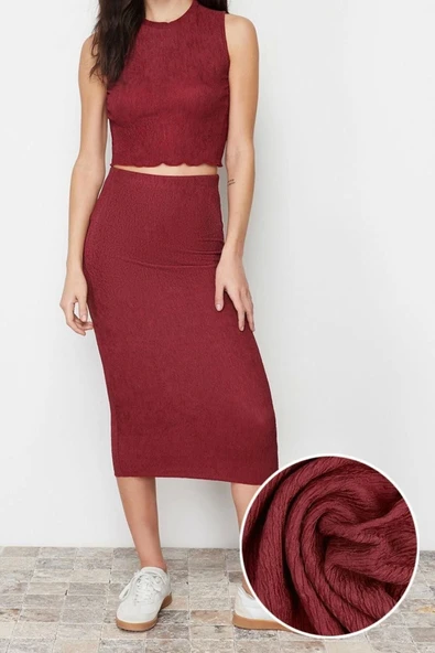 Moda Örme Düz Bisiklet Yaka Casual Günlük Tarçın Dokulu Kumaş Esnek Örme Alt-Üst Takım - 4