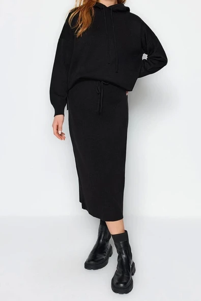 Moda Triko Düz Kapüşonlu Casual Günlük Siyah Kapüşonlu Kazak-Etek Triko Alt-Üst Takım