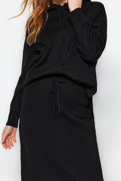 Moda Triko Düz Kapüşonlu Casual Günlük Siyah Kapüşonlu Kazak-Etek Triko Alt-Üst Takım - 2