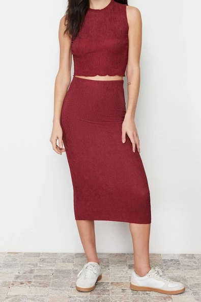 Moda Örme Düz Bisiklet Yaka Casual Günlük Tarçın Dokulu Kumaş Esnek Örme Alt-Üst Takım - 5