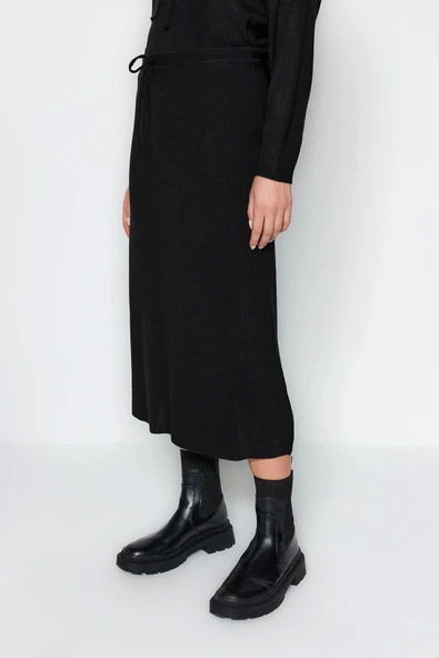 Moda Triko Düz Kapüşonlu Casual Günlük Siyah Kapüşonlu Kazak-Etek Triko Alt-Üst Takım - 5