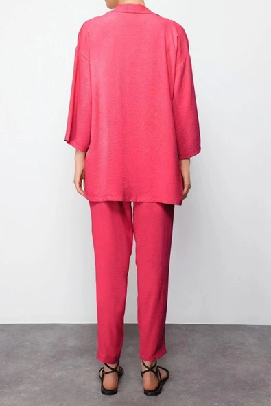 Moda Düz Hakim Yaka Düşük Kol Casual Günlük Fuşya Dokuma Kimono Pantolon Alt-Üst Takım - 6