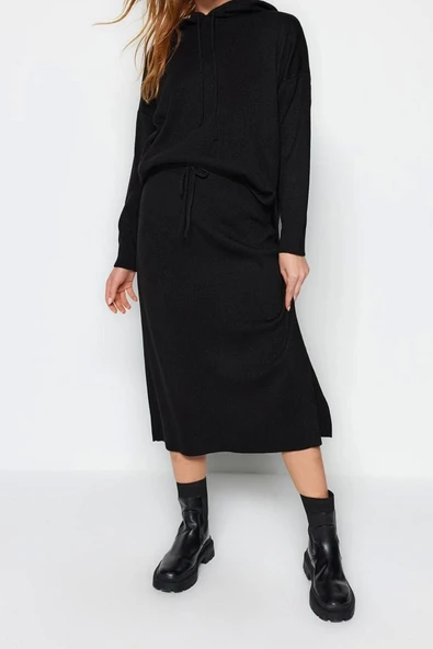 Moda Triko Düz Kapüşonlu Casual Günlük Siyah Kapüşonlu Kazak-Etek Triko Alt-Üst Takım - 3
