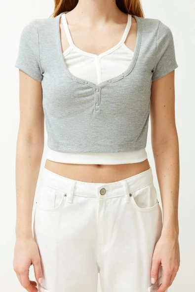 Moda Kalp Yaka Örme Slim Düz Desen Casual Günlük Crop Kısa Kol Bluz - Resim 4