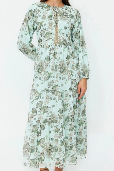 Moda Regular Casual Günlük Yoryo Şifon Dokuma Bisiklet Yaka Uzun Kol A-Line Uzun Boy Tesettür Elbise