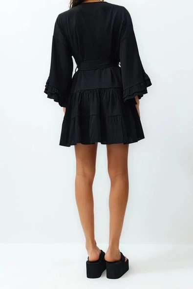 Moda Örme Oversize Kalıp Midi V Yaka BüzgülüFırfırlı Kol Crinkle Eteği Fırfırlı Düz Kimono Kaftan - 6