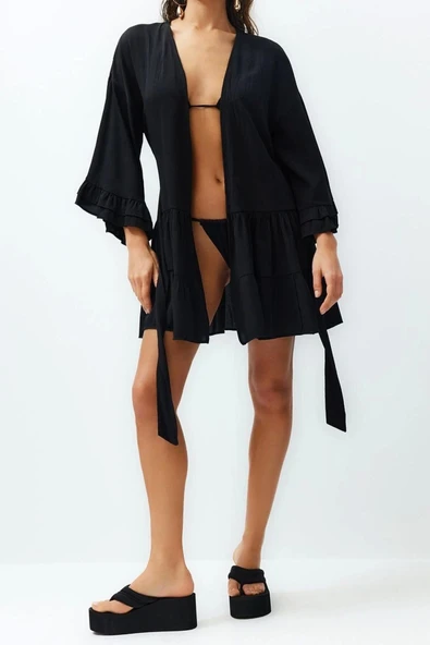 Moda Örme Oversize Kalıp Midi V Yaka BüzgülüFırfırlı Kol Crinkle Eteği Fırfırlı Düz Kimono Kaftan - 2
