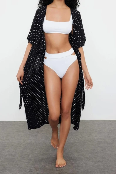 Moda Dokuma Regular Kalıp Uzun V Yaka Standart Kol Shally Basic Puantiyeli Desen Kimono Kaftan - 3