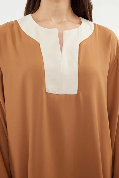 Moda Dokuma Rahat Kalıp Maxi V Yaka Düşük Kol Saten Basic Renk Bloklu Tesettür Giyim Kimono Kaftan - 4