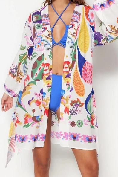 Moda Dokuma Regular Kalıp Uzun V Yaka Balon Kol Vual Basic Etnik Desen Kimono Kaftan - 2