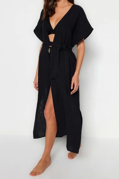 Moda Dokuma Oversize Kalıp Uzun V Yaka Standart Kol Müslin Kruvaze Düz Desen Kimono Kaftan - 2