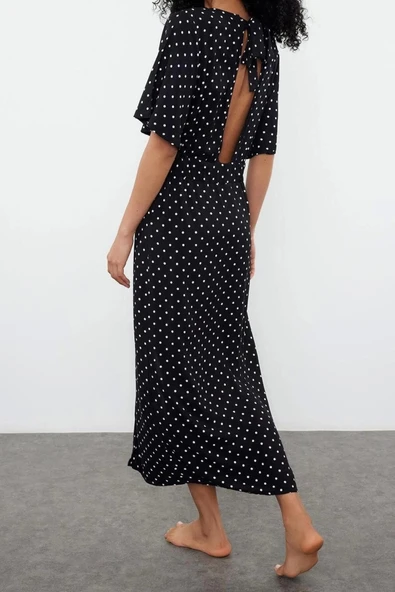 Moda Dokuma Regular Kalıp Uzun V Yaka Standart Kol Shally Basic Puantiyeli Desen Kimono Kaftan - 5