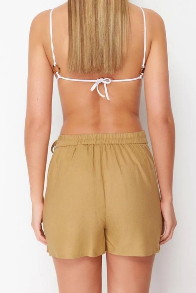 Moda Dokuma Yüksek Bel Geniş Paça Plaj Bej Dokuma Yırtmaçlı Keten karışımlı Şort Etek - 6