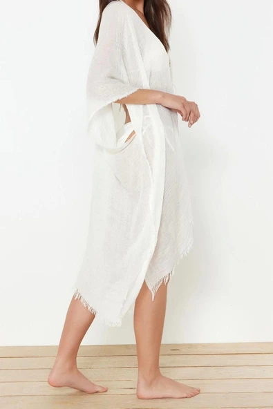 Moda Dokuma Rahat Kalıp Standart V Yaka Standart Kol Aerobin Basic Düz Desen Kimono Kaftan - 4