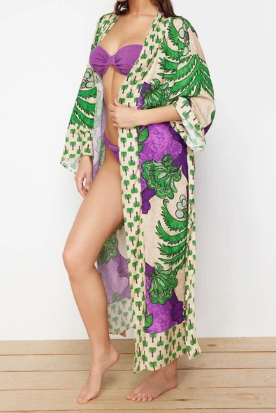Moda Dokuma Rahat Kalıp Uzun V Yaka Standart Kol Shally Basic Animal Desen Kimono Kaftan - 3