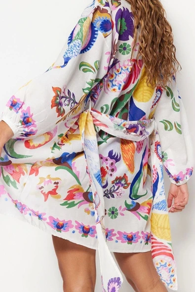 Moda Dokuma Regular Kalıp Uzun V Yaka Balon Kol Vual Basic Etnik Desen Kimono Kaftan - 4