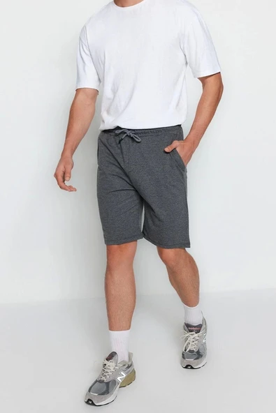 Moda Örme Normal Bel Boru Paça Gündelik Antrasit Regular Fit Şort Bermuda - 5