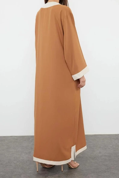 Moda Dokuma Rahat Kalıp Maxi V Yaka Düşük Kol Saten Basic Renk Bloklu Tesettür Giyim Kimono Kaftan - 5