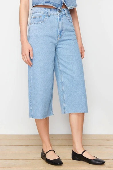 Moda Denim Yüksek Bel Boru Paça Gündelik Mavi More Sustainable Yüksek Bel Denim Bermuda