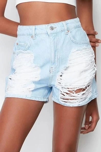 Moda Denim Yüksek Bel Boru Paça Gündelik Açık Mavi Yırtıklı Yüksek Bel Mini Şort Bermuda