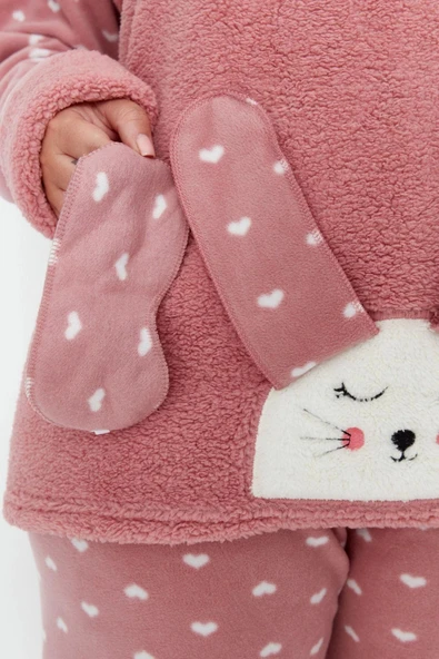 Tarz Rahat Büyük Beden Uzun Kollu Dar Paça Kalpli Polar Örme Pijama Takımı - 6