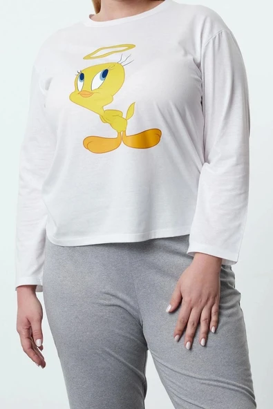 Tarz Rahat Büyük Beden Uzun Kollu Boru Paça Tweety Örme Pijama Takımı - 2