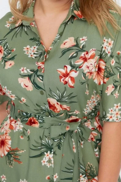 Moda Rahat Casual Günlük Shally Dokuma Gömlek Yaka Kısa Kol A-Line Maxi Boy Büyük Beden Elbise - 2