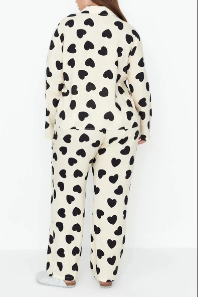 Tarz Rahat Büyük Beden Uzun Kollu Boru Paça Kalpli Dokuma Pijama Takımı - 5