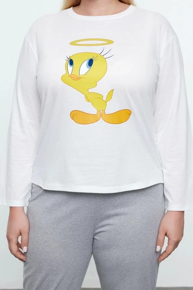 Tarz Rahat Büyük Beden Uzun Kollu Boru Paça Tweety Örme Pijama Takımı - 3