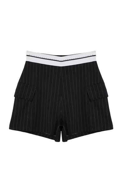 Moda Örme Yüksek Bel Boru Paça Gündelik Çizgili Kargo Cepli Şerit Bel Detaylı Mini Şort Bermuda